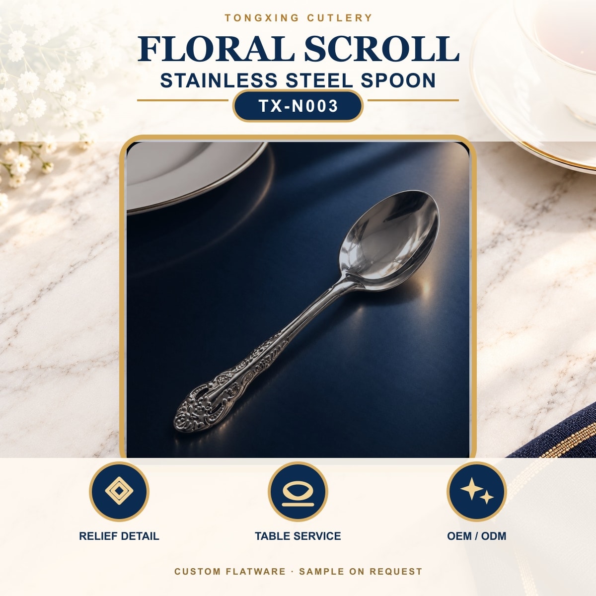 Floral Scroll Handle Stainless Steel Spoon, TX-N003, lifestyle setting