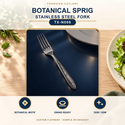 Botanical Sprig Handle Stainless Steel Fork, TX-N006, lifestyle setting