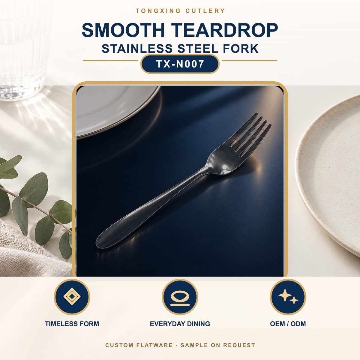 Smooth Teardrop Handle Stainless Steel Fork, TX-N007, lifestyle setting