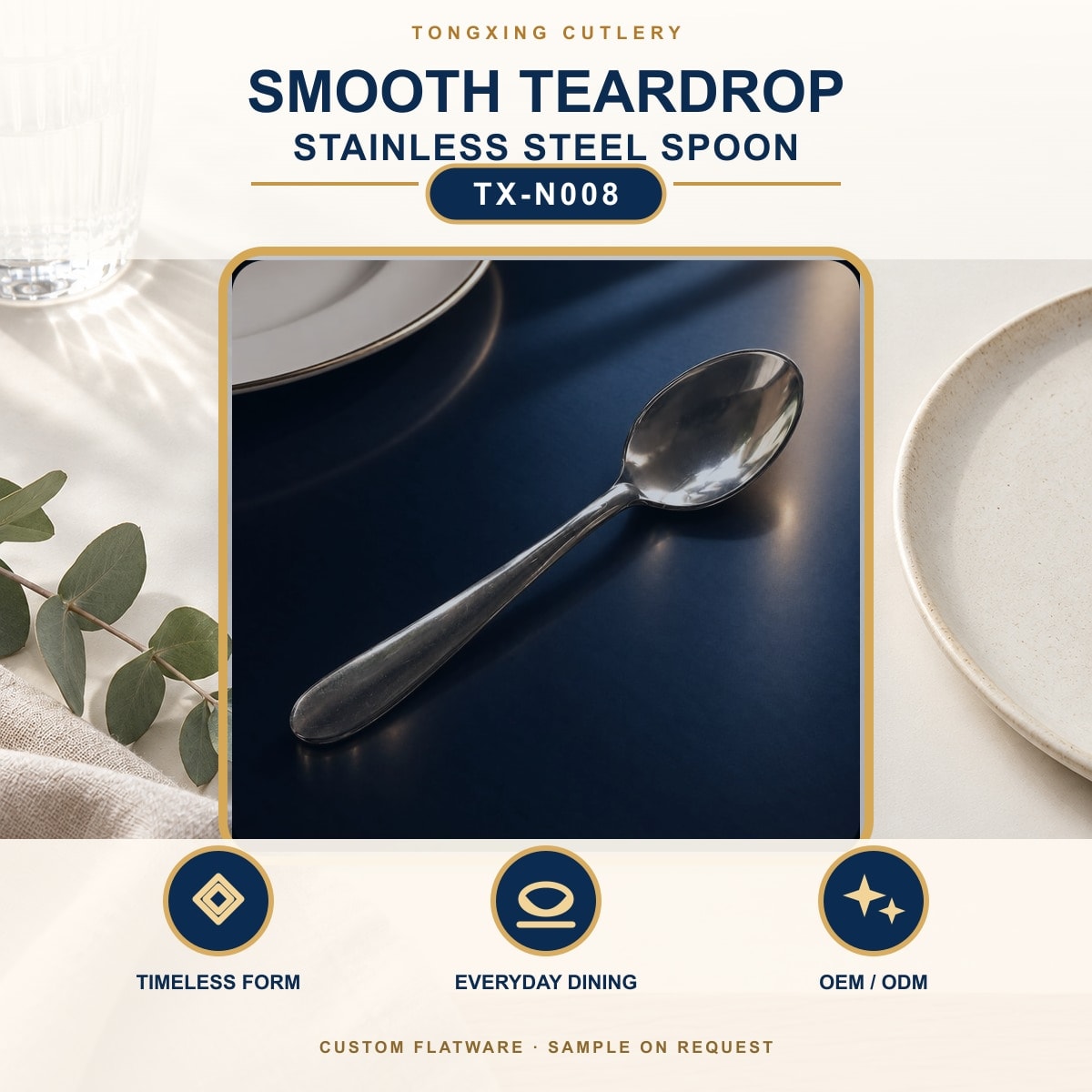 Smooth Teardrop Handle Stainless Steel Spoon, TX-N008, lifestyle setting