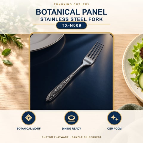 Botanical Panel Handle Stainless Steel Fork, TX-N009, lifestyle setting