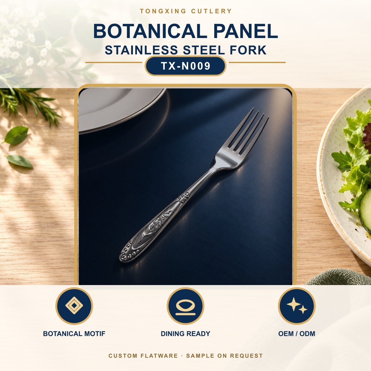 Botanical Panel Handle Stainless Steel Fork, TX-N009, lifestyle setting