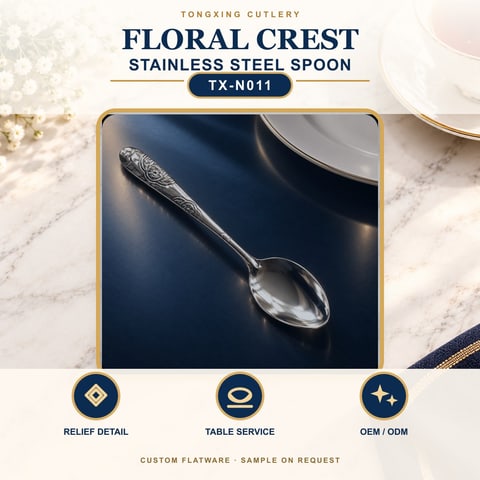 Floral Crest Handle Stainless Steel Spoon, TX-N011, lifestyle setting