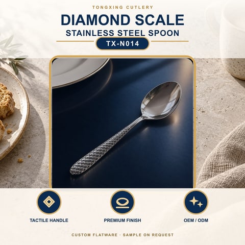 Diamond Scale Handle Stainless Steel Spoon, TX-N014, lifestyle setting