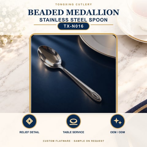 Beaded Medallion Handle Stainless Steel Spoon, TX-N016, lifestyle setting