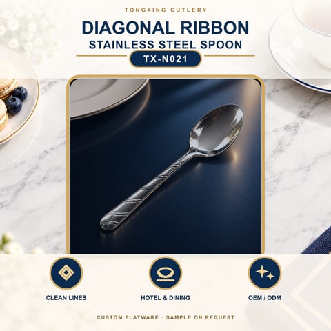 Diagonal Ribbon Handle Stainless Steel Spoon, TX-N021, lifestyle setting