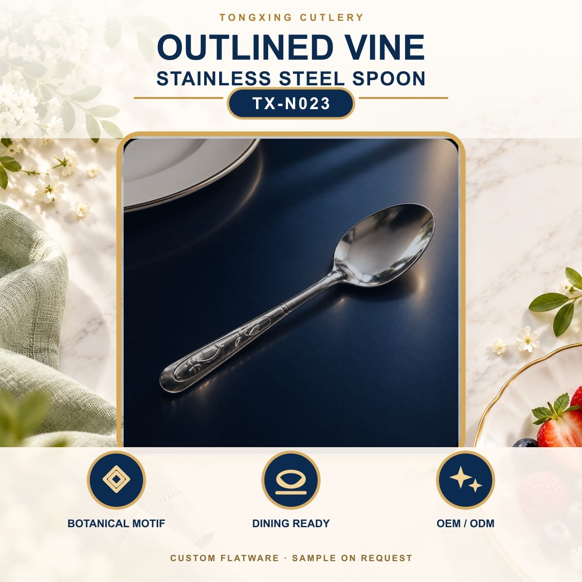 Outlined Vine Handle Stainless Steel Spoon, TX-N023, lifestyle setting