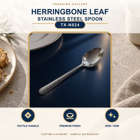 Herringbone Leaf Handle Stainless Steel Spoon, TX-N024, lifestyle setting