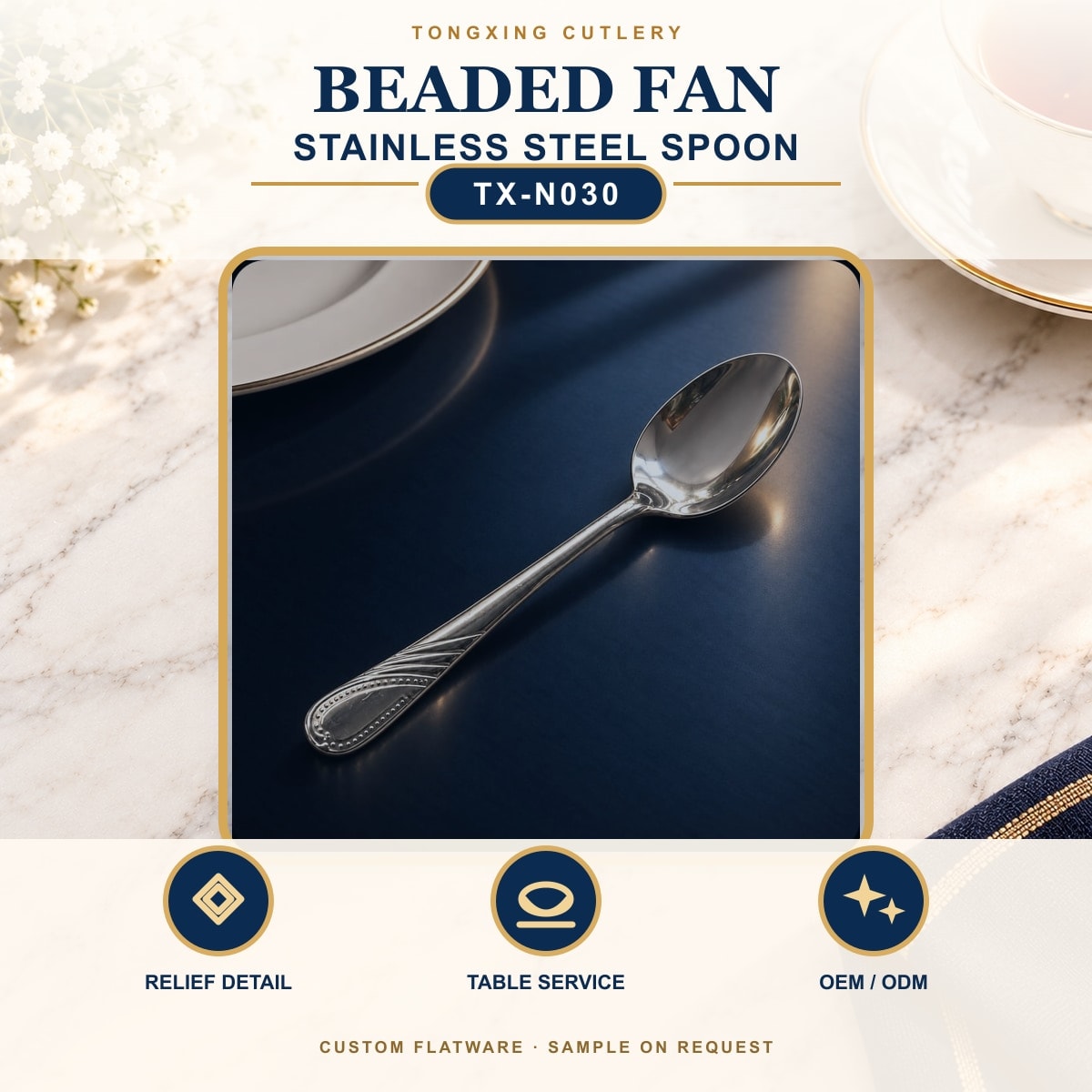 Beaded Fan Handle Stainless Steel Spoon, TX-N030, lifestyle setting