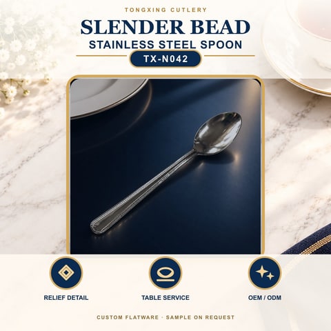 Slender Bead Handle Stainless Steel Spoon, TX-N042, lifestyle setting