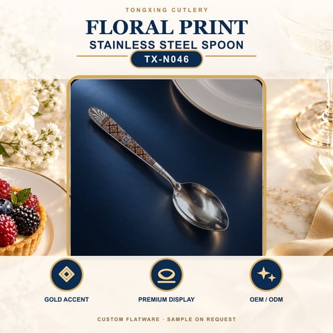 Floral Print Handle Stainless Steel Spoon, TX-N046, lifestyle setting