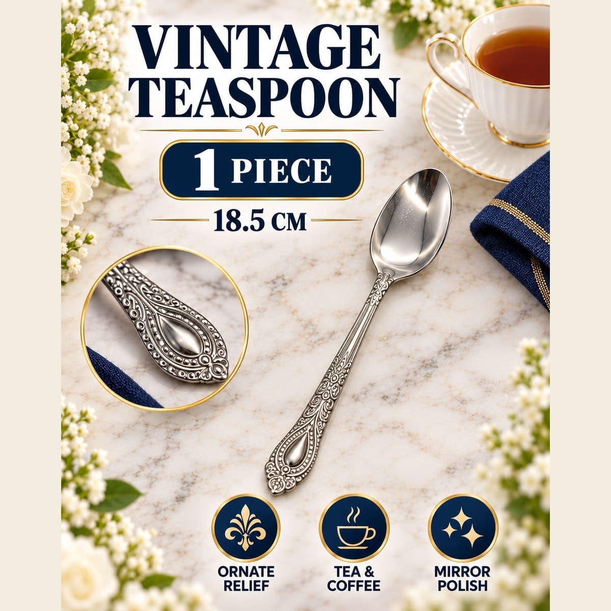 Vintage Teardrop Relief Handle Stainless Steel Spoon, TX-N051, lifestyle setting