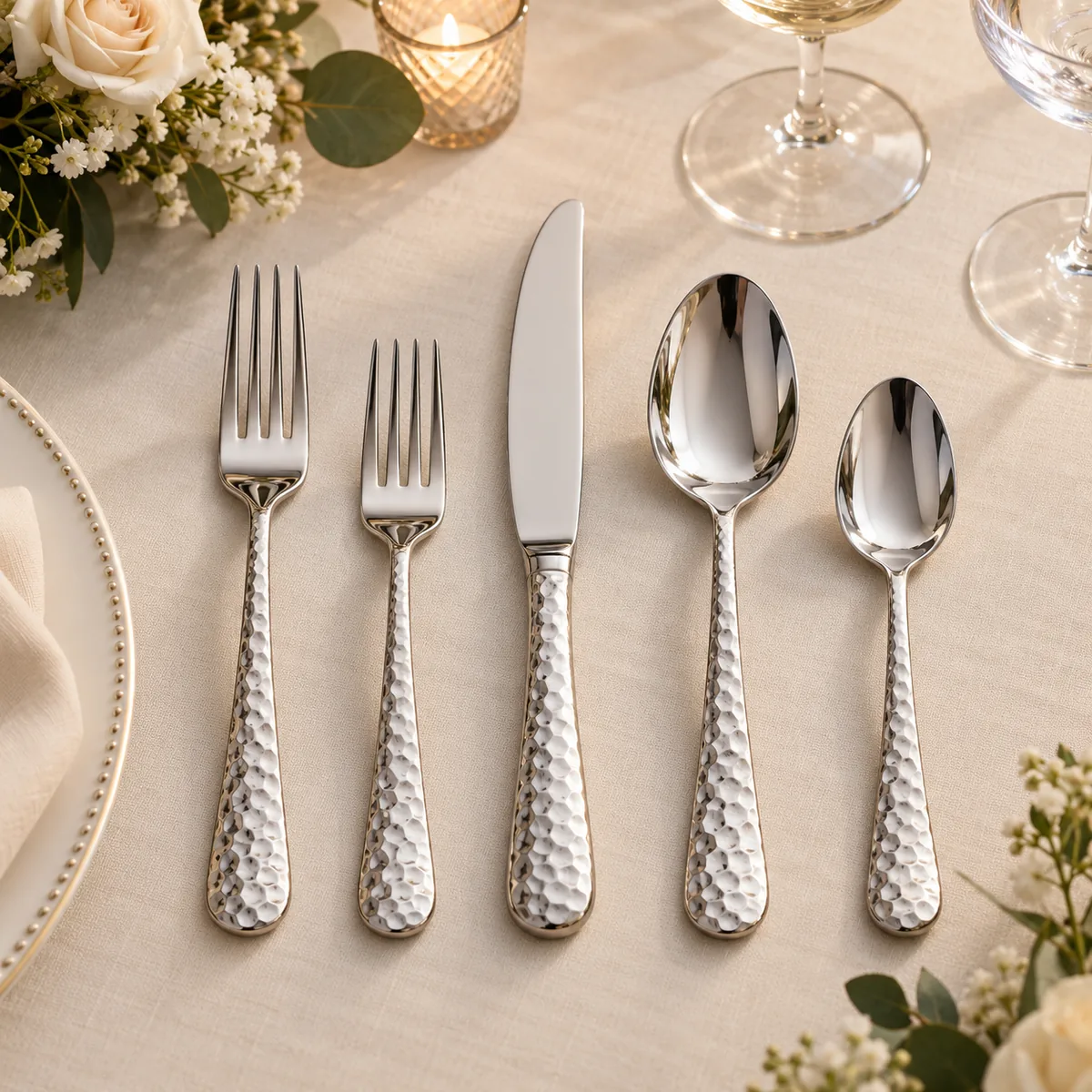 Hammered stainless steel flatware reference TX-N060 for import sourcing