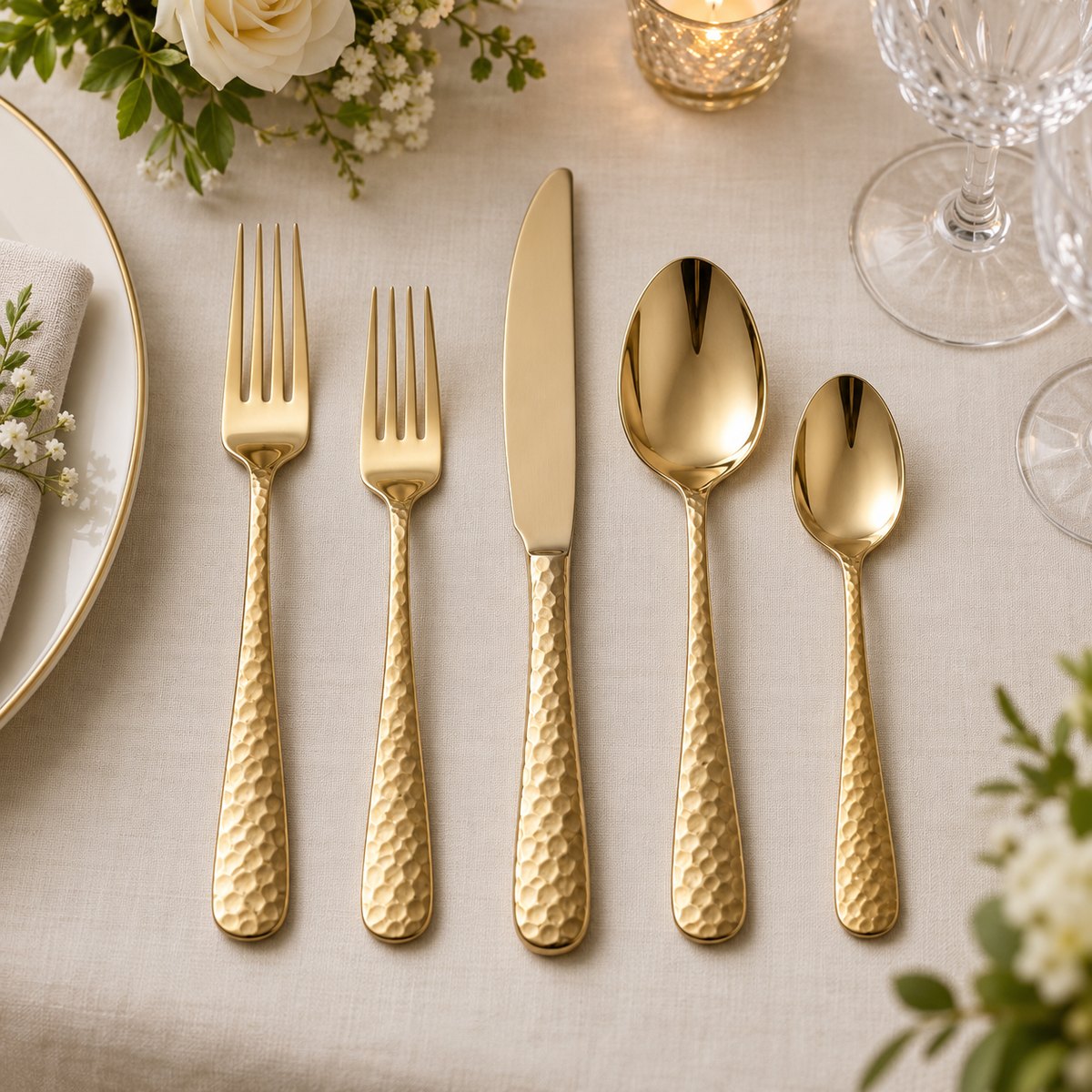 Hammered Gold 5-Piece Stainless Steel Flatware Set, TX-N061, original OEM ODM concept