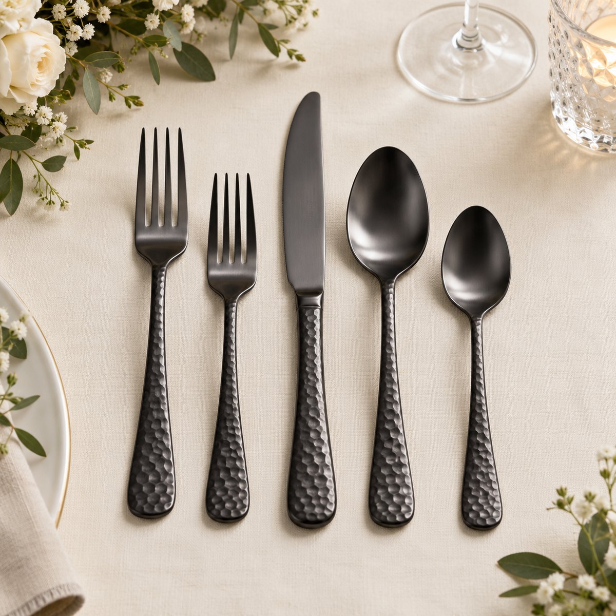 Hammered Black 5-Piece Stainless Steel Flatware Set, TX-N062, original OEM ODM concept