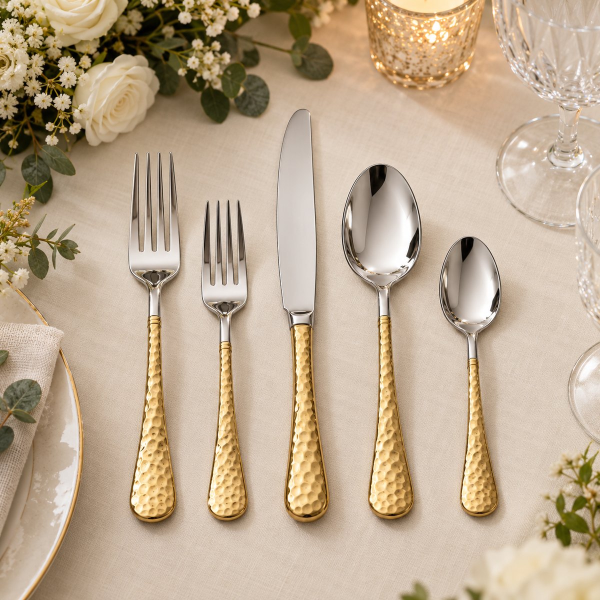 Two-Tone Hammered 5-Piece Stainless Steel Flatware Set, TX-N064, original OEM ODM concept