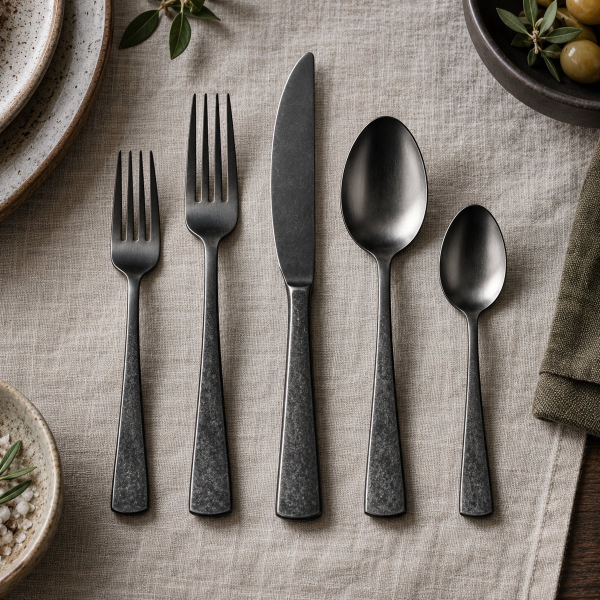 Stonewash Black 5-Piece Stainless Steel Flatware Set, TX-N071, original OEM ODM concept