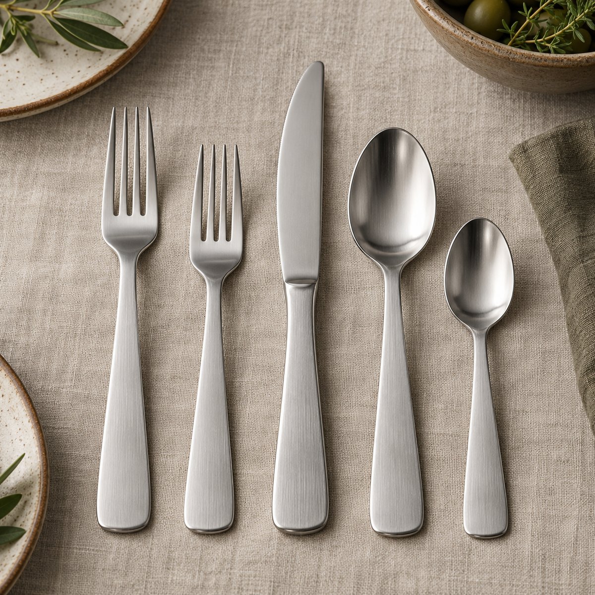 Satin five-piece hotel flatware set used for supplier sample evaluation