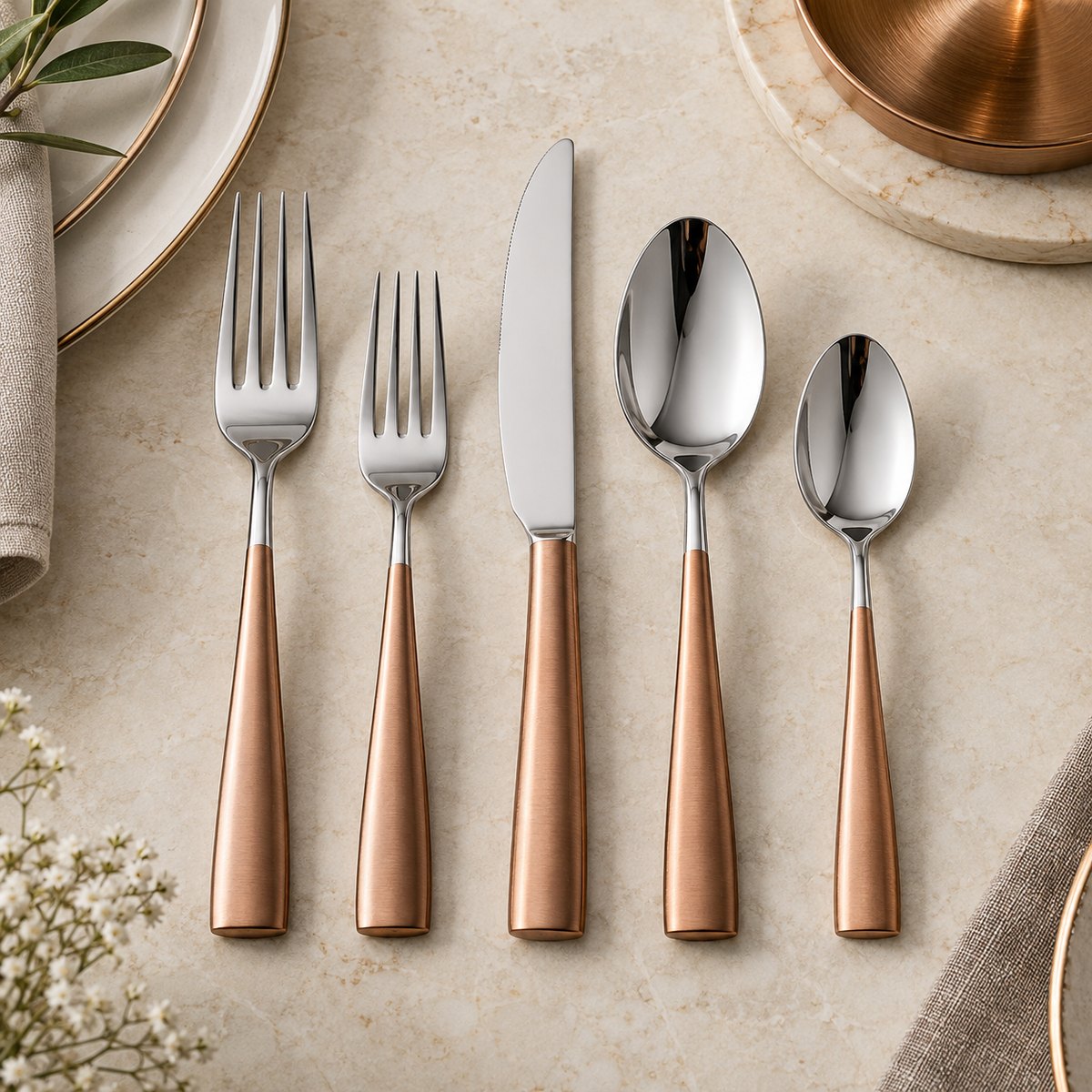 Silver Copper 5-Piece Stainless Steel Flatware Set, TX-N103, original OEM ODM concept