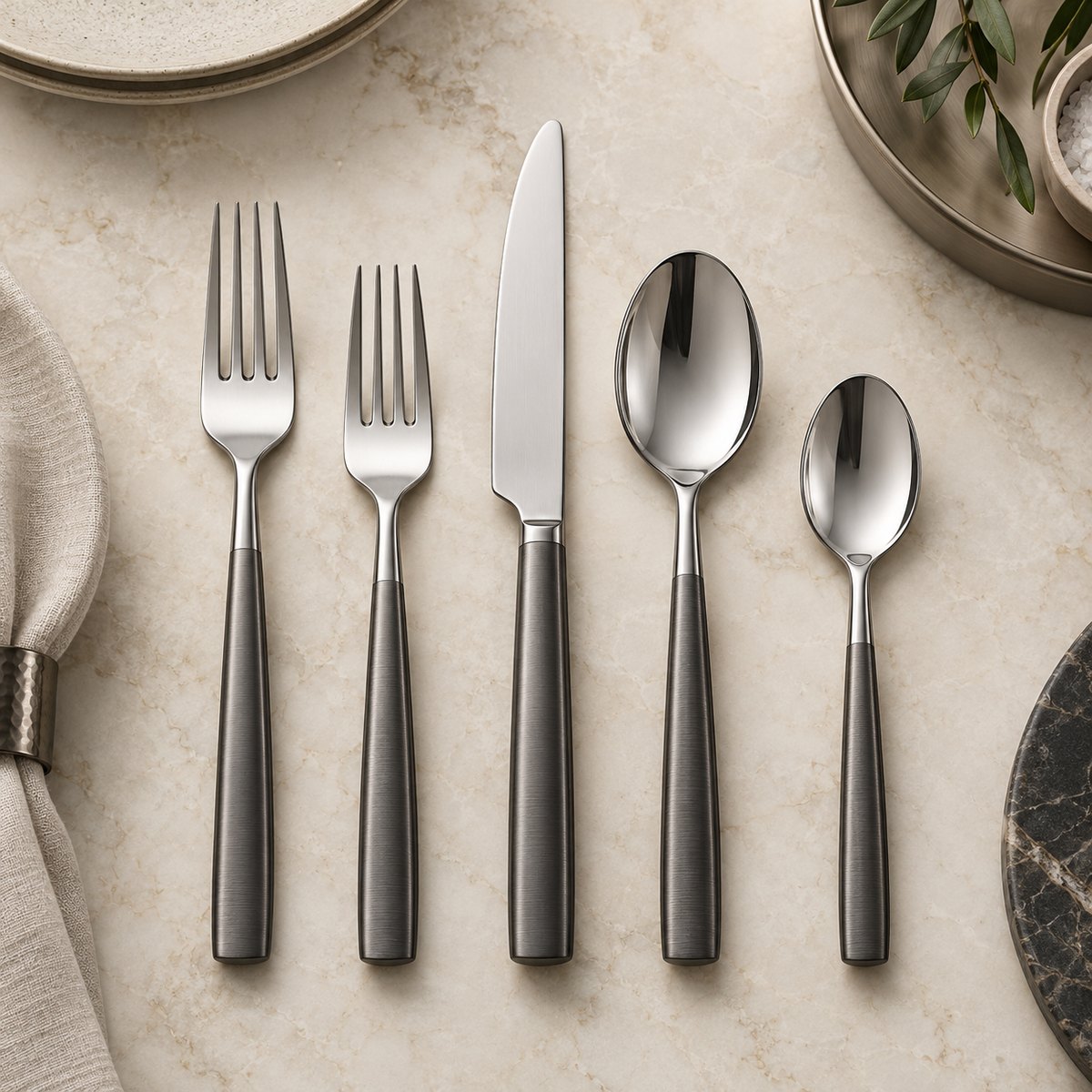 Silver Gunmetal 5-Piece Stainless Steel Flatware Set, TX-N104, original OEM ODM concept