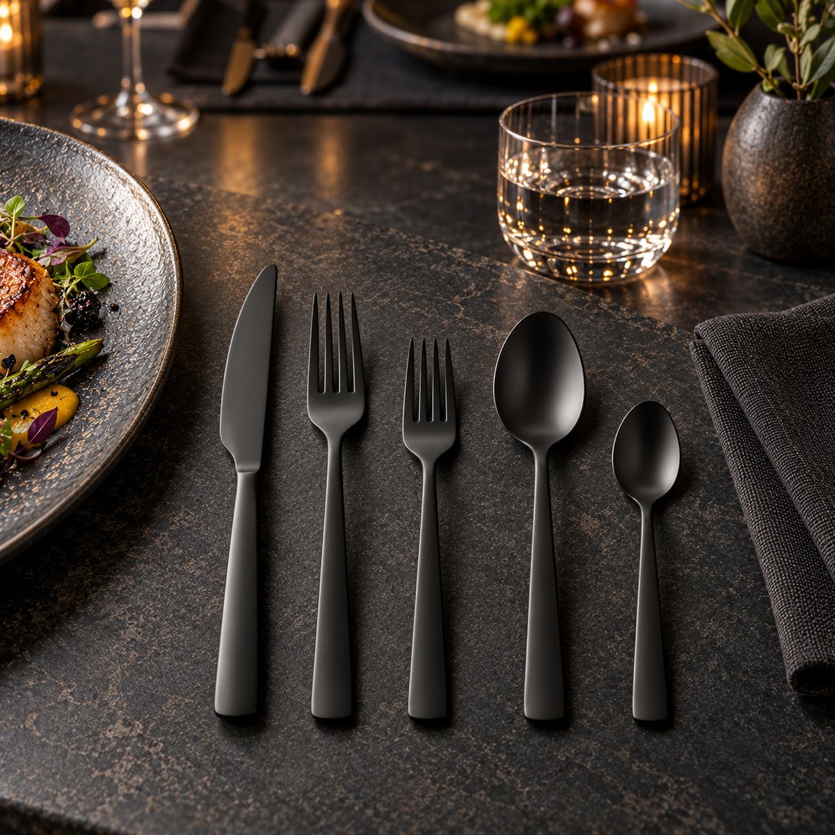 24-Piece Matte Black Restaurant Cutlery Set, TX-N107, digitally staged sourcing reference