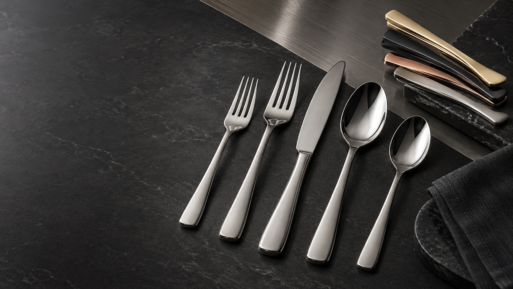Premium stainless steel flatware in multiple custom finishes