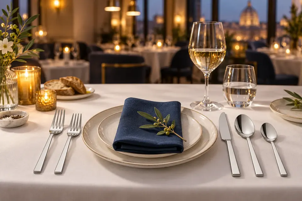 Coordinated stainless steel flatware in an international hotel restaurant setting