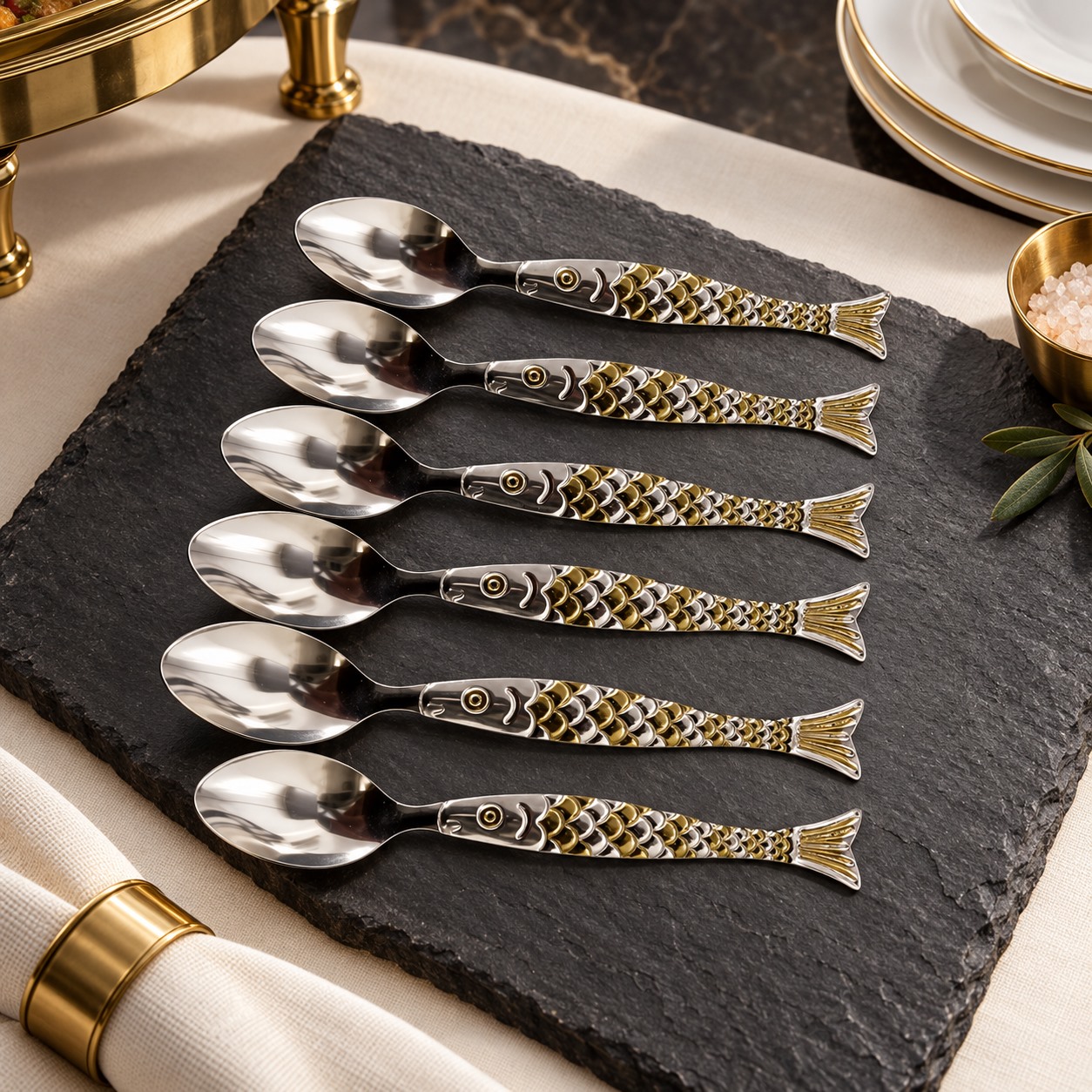 Sculpted stainless steel spoon family in a premium dining setting