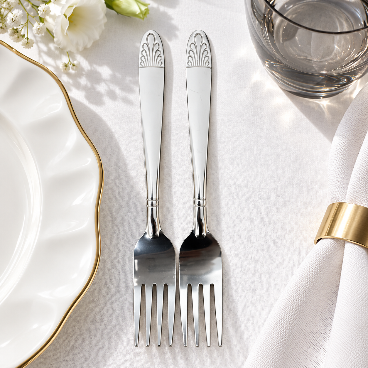 Arc fan engraved fork pair in hotel table setting