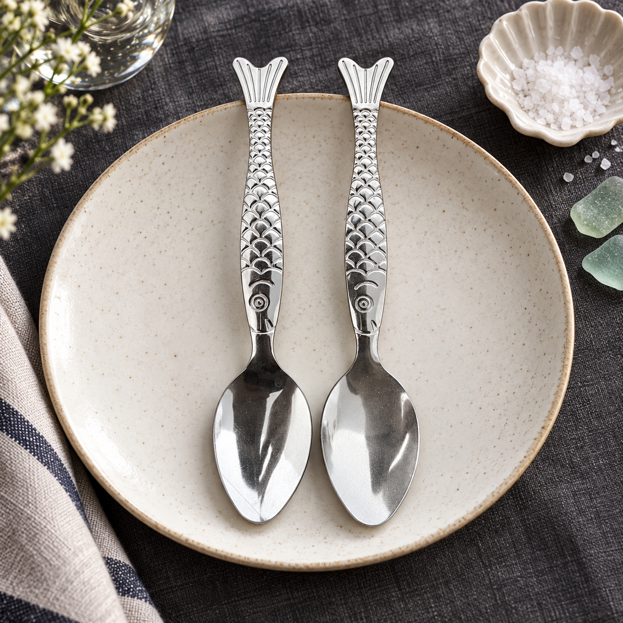 Fish scale handle spoon collection in a coastal dining setting